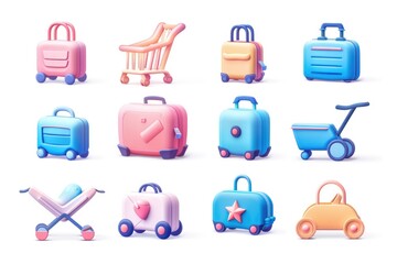 Poster - Stacked luggage, travel bags, suitcases, and backpacks on a clean white surface