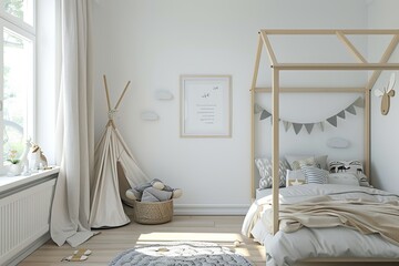 Sticker - Cozy and Minimalist Nursery Decor with Wooden Canopy Bed and Teepee