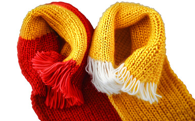 Yellow and red knitted scarf, white woolen threads