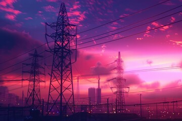 Poster - A scenic view of power lines and buildings during sunset