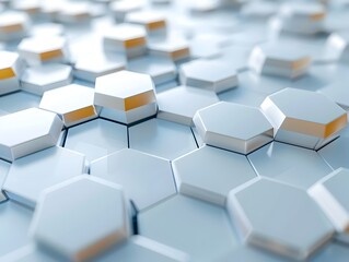 Poster - 3d render, abstract white background with hexagon pattern for technology concept. Abstract futuristic wallpaper with 2D and 45 degree angle illustration of geometric shapes on light grey surface. Back