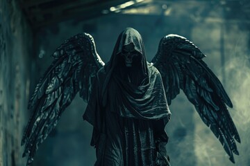 Poster - A statue of an angel in a dimly lit room, ideal for use in a variety of scenes and contexts