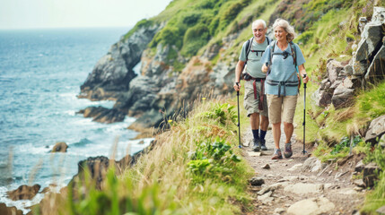 Wall Mural - A happy middle aged couple hiking on a coastal path