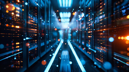 Poster - Data center with a row of computer servers. Abstract generic concept of cyberspace, communication and technology.