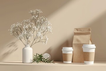 Canvas Print - A still life image featuring a vase of flowers and a cup of coffee on a table