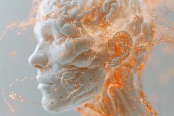 Poster - Artistic head with glowing orange neural pathways illustrating brain functions