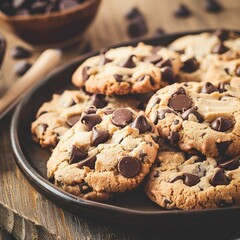 Wall Mural - Freshly Baked Chocolate Chip Cookies on a Rustic Plate