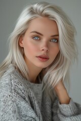 Canvas Print - Young Woman With Blonde Hair Posing in Sweater Indoors