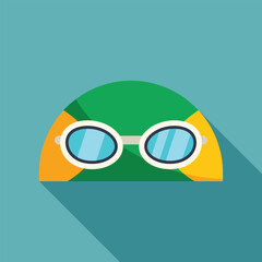 Poster - green and yellow swimming cap with goggles is lying on a blue background