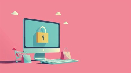 Online shopping security flat design side view theme animation colored pastel