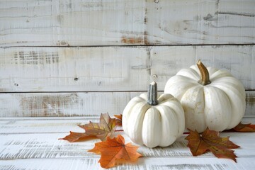 Sticker - Fresh white pumpkins sit atop a rustic wooden table, perfect for fall decor or harvest-themed photography