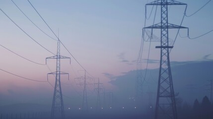 Poster - Power transmission lines in a misty agricultural landscape, great for background or atmospheric use