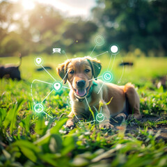 social media icon an adorable puppy frolicking in a vibrant, sunlit grassy meadow. The puppy, full of energy and curiosity, is captured mid-play, with its ears flopping and tail wagging. The surroundi