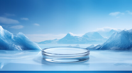 Ice display podium isolated on cold mountain background with sky floor blue, Presentation for cosmetic product, using natural light.