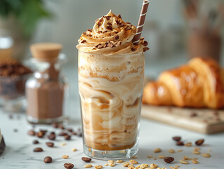 A glass of cold foam iced coffee, creamy and rich in color with visible crema texture, next to coffee croissants on the plate