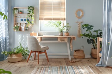 Sticker - Cozy Home Office with Wooden Desk and Greenery