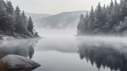 Enchanted river veiled in ethereal morning mist