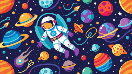 space cosmos seamless pattern with astronaut and planets