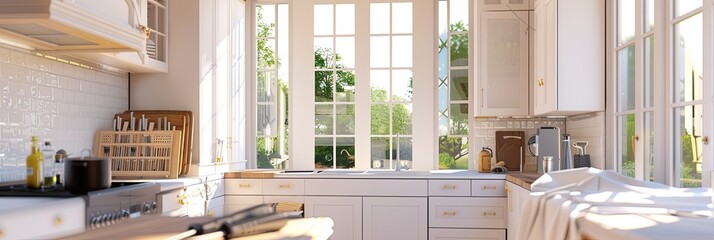 Poster - A modern kitchen renovation in progress. New white cabinets are being installed, with countertops under construction. Tools and supplies are scattered throughout the space. Generative AI