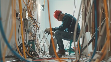 Aufkleber - an electrician in a hard hat is working on wiring inside an open wall, focusing on safety and precis