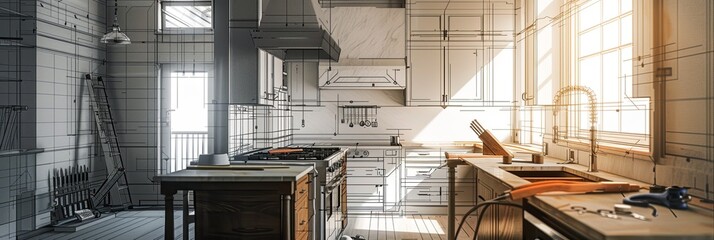 Poster - A modern kitchen under renovation with new cabinets and countertops in progress, showcasing the transition from old to new with a focus on quality and style. Generative AI
