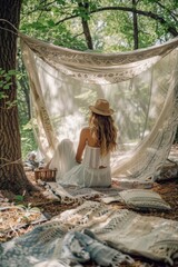 Poster - A woman lounges in a hammock surrounded by trees and foliage, perfect for outdoor or nature-inspired scenes