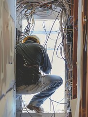 Aufkleber - An electrician works on electrical wiring within an open wall cavity, showcasing the intricate wiring, connectors, and tools involved in electrical work. Generative AI