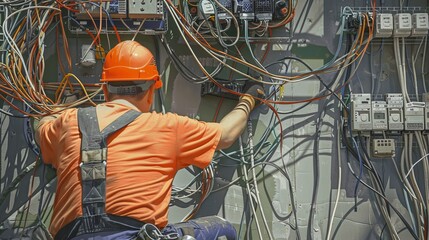 Poster - An electrician in a safety helmet and work clothes is shown working on wiring within an open wall, with visible cables and connectors. Generative AI