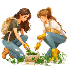 two young women participating in a park cleanup on a bright sunny day, promoting community service a