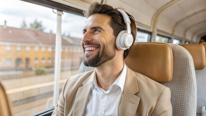 Canvas Print - Handsome man listening to music on headphones while riding in bus