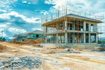 Poster - A building under construction with scaffolding on the exterior, ideal for use in architecture or construction projects