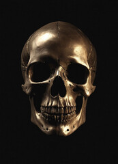 Wall Mural - Front view metallic skull statue with a shiny glossy finish on dark background, metallic, skull, statue, shiny, silver, gold, finish