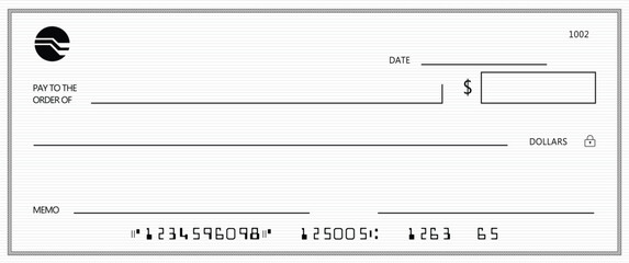 Empty money cheque. Bank check.  check book template with pattern and blank fields. Currency payment coupon, US dollar check background.