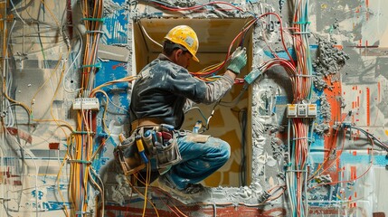 Poster - A close-up image of an electrician working on electrical wiring inside a building wall. He is wearing a hard hat and safety gloves. Generative AI
