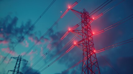 A single red light illuminates a power line at night, highlighting its presence