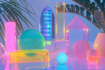Fototapete - neon background with various shapes and sizes, 80s style geometric shapes in neon colors with transparent effect