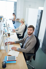 Poster - Portrait, business people and teamwork in office, computer and design company with project. Face, group and employees with pc, cooperation or planning with documents, startup or deadline for proposal