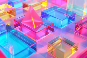 Fototapete - neon background with various shapes and sizes, 80s style geometric shapes in neon colors with transparent effect