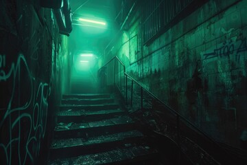 Poster - A dark hallway with graffiti on the walls and stairs, perfect for use in scenes of urban decay or abandoned buildings