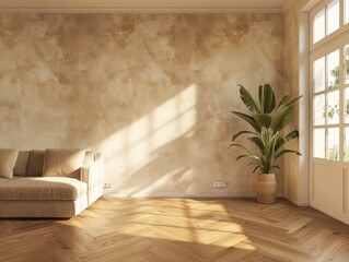 A living room with a tan wall and a couch. A potted plant is in the corner of the room