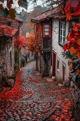 Poster - A picture of a cobblestone street covered with red autumn leaves
