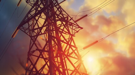 Poster - Electricity tower at sunset with warm glow