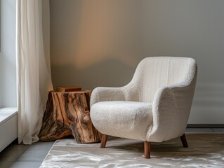 A white chair is sitting in front of a wooden log. The chair is large and fluffy, and it looks comfortable. The log is placed in the corner of the room, and it adds a rustic touch to the space