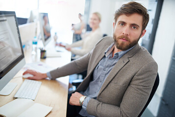 Aufkleber - Portrait, businessman and computer with office, employee and digital agency as brand designer. Male person, serious and technology in typing for working, project or deadline with ambition at company