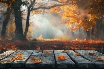 Poster - A wooden table covered with vibrant autumn leaves