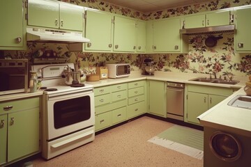 Aufkleber - kitchen with stove, oven, sink and microwave, 1970s kitchen with avocado green appliances and floral wallpaper
