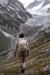 Poster - A person hiking up a hill carrying a backpack, possibly on an adventure or trek