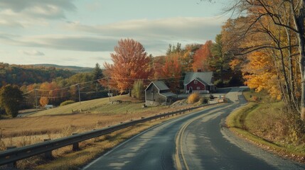 Poster - Rural landscape featuring a winding country road and a red barn in the distance, suitable for rural lifestyle or farm-themed projects