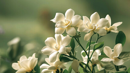 Minimalist white gardenia flowers with a soft green garden background, perfect for luxury wedding greeting cards and formal themes. 