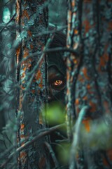 Poster - A curious cat peers out from behind a tree branch